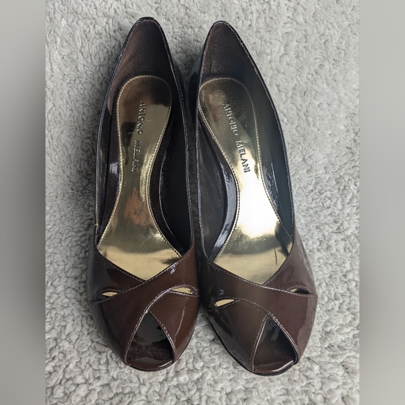ANTONIO MELANI Open Toe Heel Women Glossy Brown Shoes Size 8 - Picture 2 of 10